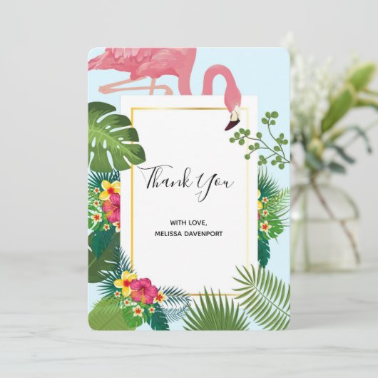 ピンクスタイリッシュのフラミンゴと熱帯葉の サンキューカード (スタンド正面)