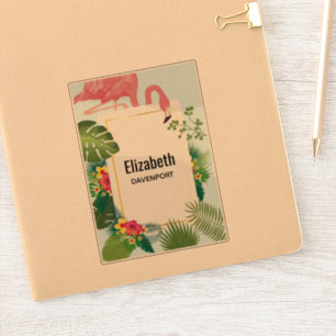 ピンクスタイリッシュのフラミンゴと熱帯葉の シール