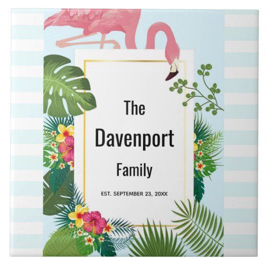 ピンクスタイリッシュのフラミンゴと熱帯葉の タイル (正面)