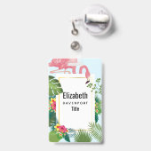 ピンクスタイリッシュのフラミンゴと熱帯葉の バッジ (裏面（伸縮クリップ）)