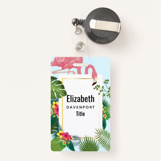 ピンクスタイリッシュのフラミンゴと熱帯葉の バッジ (裏面リトラクタブル付き)
