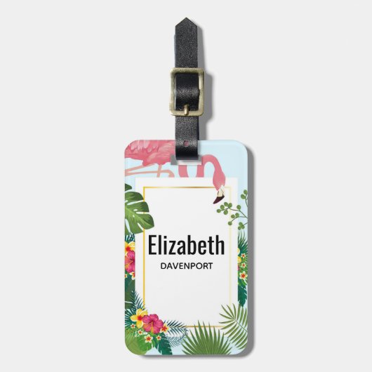 ピンクスタイリッシュのフラミンゴと熱帯葉の ラゲッジタグ (正面縦)