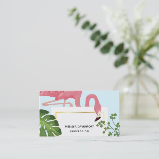 ピンクスタイリッシュのフラミンゴと熱帯葉の 名刺 (スタンド正面)