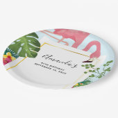 ピンクスタイリッシュのフラミンゴと熱帯葉誕生日 ペーパープレート (アングル)