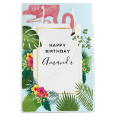 ピンクスタイリッシュのフラミンゴと熱帯葉誕生日 ミディアムペーパーバッグ (正面)