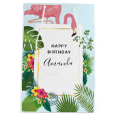 ピンクスタイリッシュのフラミンゴと熱帯葉誕生日 ミディアムペーパーバッグ (裏面)