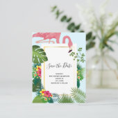 ピンクスタイリッシュのフラミンゴ熱帯のテーマ日付を保存 インビテーションポストカード (スタンド正面)
