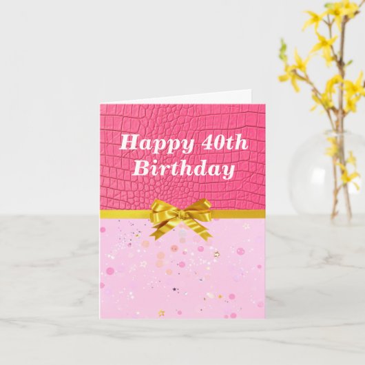 ピンクスタイリッシュのレザーが40歳の誕生日に輝く カード (黄色い花)