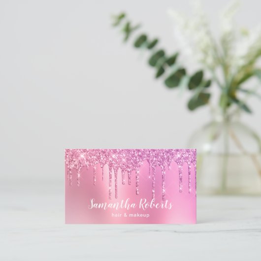 ピンクスタイリッシュのローズ金ゴールドグリッターがヘア&化粧 名刺 (スタンド正面)