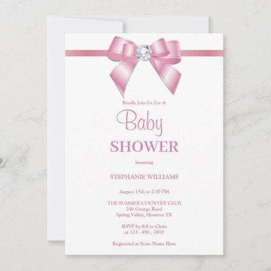 ピンクスタイリッシュの宝石の弓の赤ちゃんシャワー 招待状 (正面)