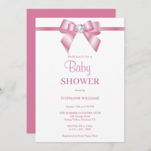 ピンクスタイリッシュの宝石の弓の赤ちゃんシャワー 招待状 (正面/裏面)