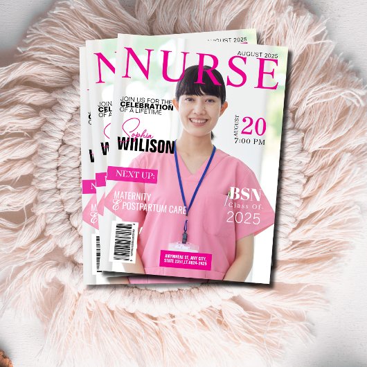 ピンクスタイリッシュの看護マガジン写真卒業 招待状