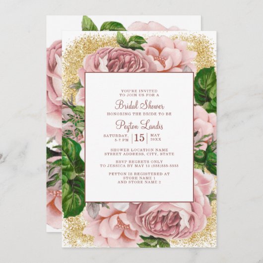 ピンクスタイリッシュの花金ゴールドグリッターブライダルシャワー 招待状 (正面/裏面)