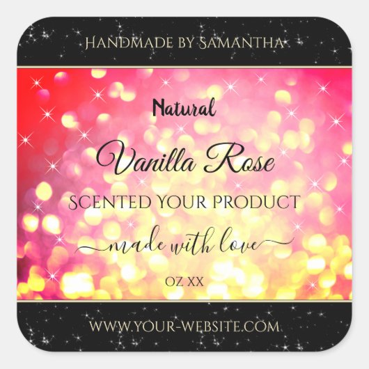 ピンクスタイリッシュの金ゴールドグリッター製品の包装ラベル スクエアシール (正面)