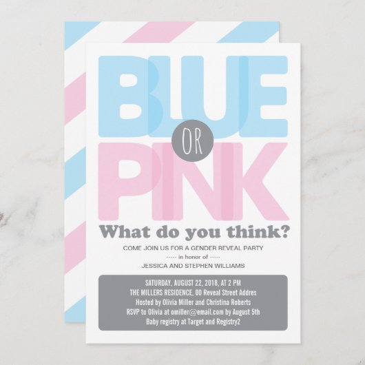 ピンクスタイリッシュまたはブルーのベビー性別パーティーの表示 招待状 (正面/裏面)