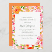 ピンクスタイリッシュオ鮮やかレンジフローラカップルのシャワー 招待状 (正面/裏面)