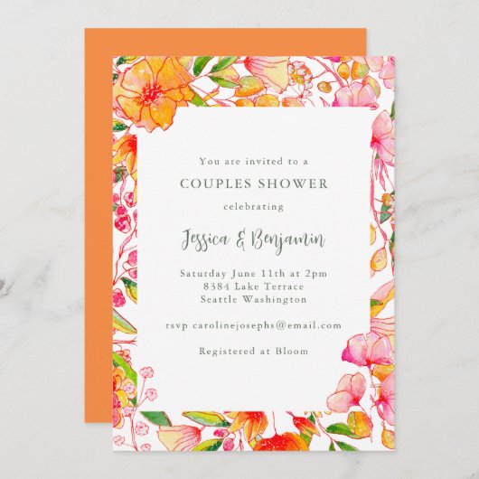 ピンクスタイリッシュオ鮮やかレンジフローラカップルのシャワー 招待状 (正面/裏面)