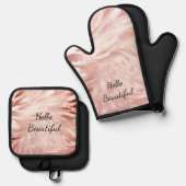 ピンクスタイリッシュガーリーローズ金ゴールドゼブラグラムグリッツ 鍋つかみ&鍋敷きセット (正面/裏面)