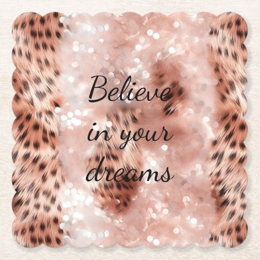 ピンクスタイリッシュガーリーローズ金ゴールドレオパード・グリッツ ペーパーコースター (正面)