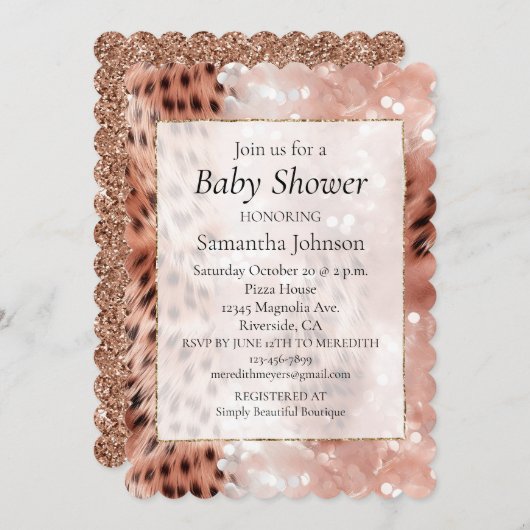 ピンクスタイリッシュガーリーローズ金ゴールドレオパード・グリッツ 招待状 (正面/裏面)