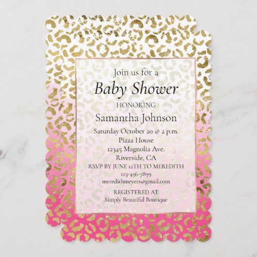 ピンクスタイリッシュガーリー金ゴールドホワイトヒョウ 招待状 (正面/裏面)