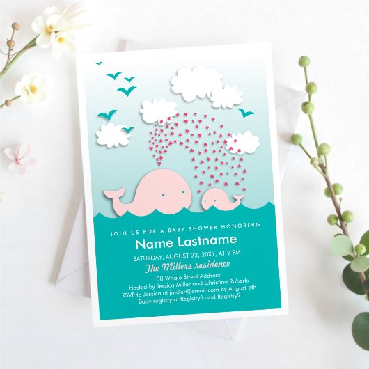 ピンクスタイリッシュクジラハートミントベビーシャワー 招待状