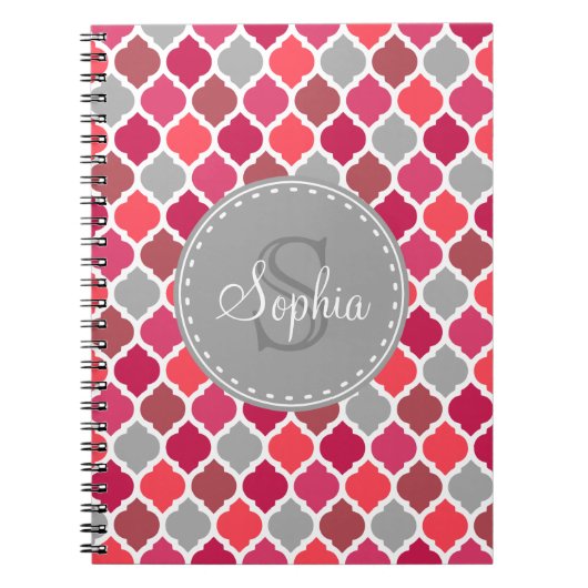 ピンクスタイリッシュグレーのモロッコパターンモノグラム ノートブック (正面)
