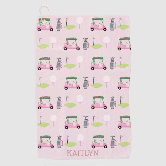 ピンクスタイリッシュゴフェミニンルフデザイン名前をカスタムする ゴルフタオル (正面)