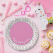 ピンクスタイリッシュティール（緑がかった色）とホワイト紙誕生日プレート ペーパープレート (パーティー)