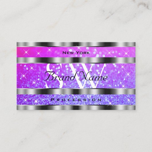 ピンクスタイリッシュパープルグリッタースターズモノグラムシルバー 名刺 (正面)