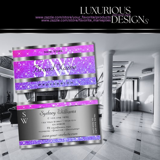 ピンクスタイリッシュパープルグリッタースターズモノグラムシルバー 名刺