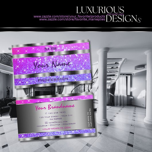 ピンクスタイリッシュパープルグリッタースターズ華美シルバー 名刺