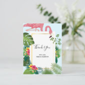 ピンクスタイリッシュフラミンゴ&トロピカル葉サンキュー ポストカード (スタンド正面)
