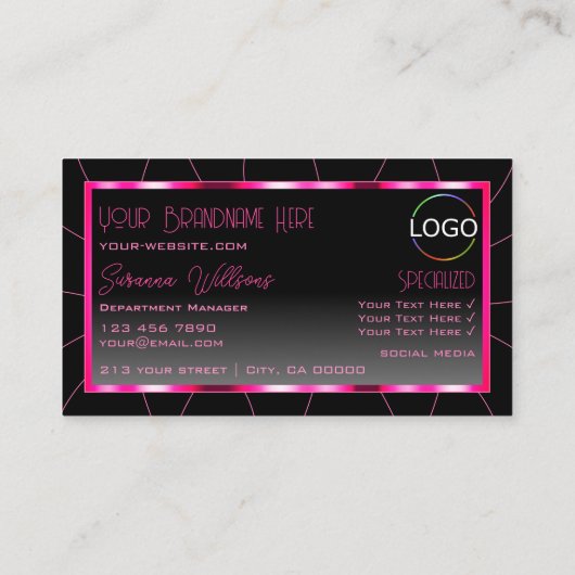 ピンクスタイリッシュフレームブラックグラディエントシックとロゴ 名刺 (裏面)
