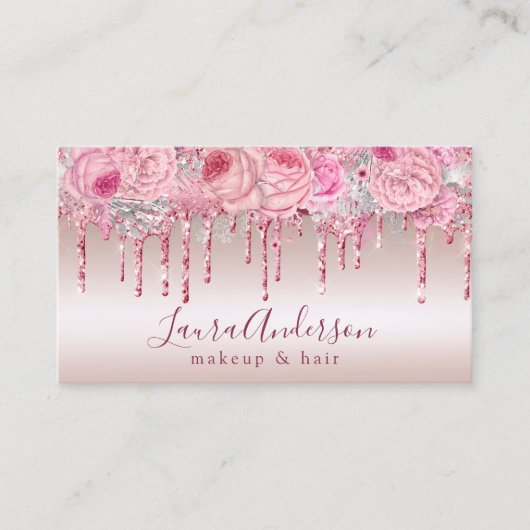 ピンクスタイリッシュフローラグリッタードリップメイク&ヘア 名刺 (正面)