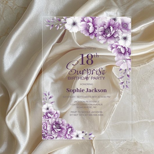 ピンクスタイリッシュフローラサプライズ18thバースデーパーティー アクリル招待状