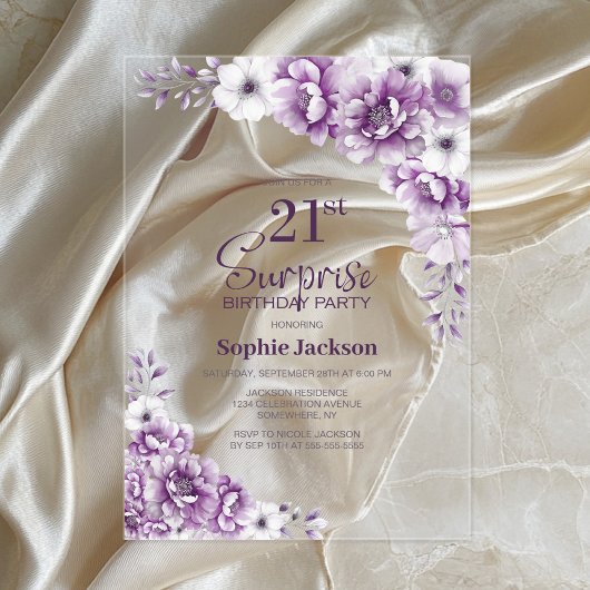 ピンクスタイリッシュフローラサプライズ21歳のパーティー アクリル招待状