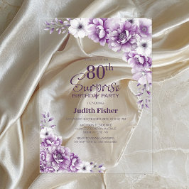 ピンクスタイリッシュフローラサプライズ80th誕生日パーティー アクリル招待状