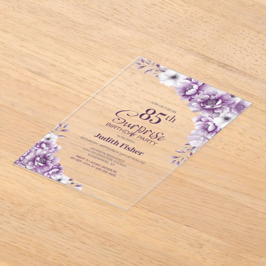 ピンクスタイリッシュフローラサプライズ85thバースデーパーティー アクリル招待状 (レイダウン)
