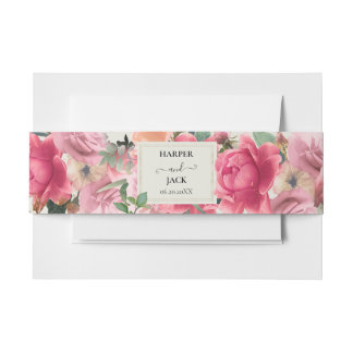 ピンクスタイリッシュフローラバラガーデン金ゴールドフレーム結婚ズ 招待状ベリーバンド