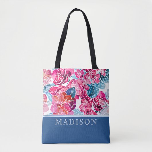 ピンクスタイリッシュフローラルパターパーソナライズされたン トートバッグ (正面)