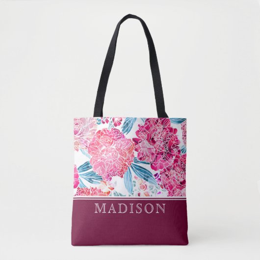 ピンクスタイリッシュフローラルパターパーソナライズされたン トートバッグ (正面)