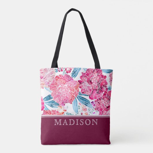 ピンクスタイリッシュフローラルパターパーソナライズされたン トートバッグ (裏面)
