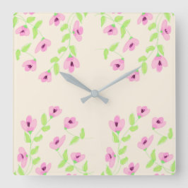 ピンクスタイリッシュフローラ付き角時計 スクエア壁時計
