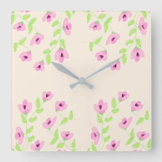 ピンクスタイリッシュフローラ付き角時計 スクエア壁時計 (正面)