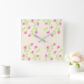 ピンクスタイリッシュフローラ付き角時計 スクエア壁時計 (ホーム)