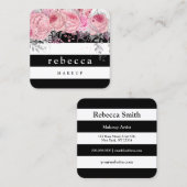 ピンクスタイリッシュフローラ白黒ストライプ化粧 スクエア名刺 (正面/裏面)