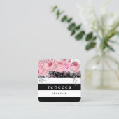 ピンクスタイリッシュフローラ白黒ストライプ化粧 スクエア名刺 (スタンド正面)