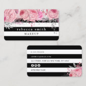 ピンクスタイリッシュフローラ白黒ストライプ化粧 名刺 (正面/裏面)