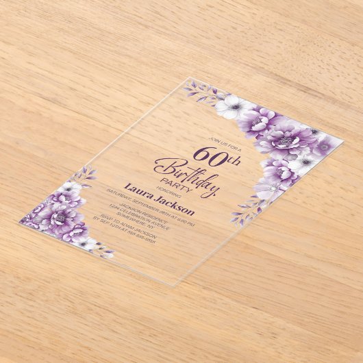 ピンクスタイリッシュフローラ60th誕生日パーティー アクリル招待状 (レイダウン)